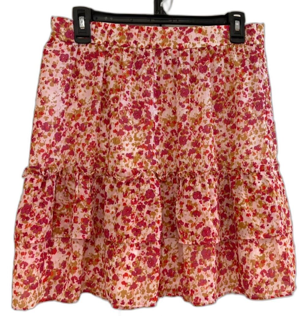 J Crew Skirt Women's Size S Ruffle Mini Pink White Red Flowered Elastic Waist - Picture 1 of 8